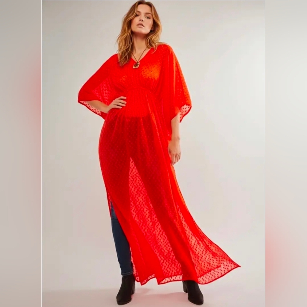 Free People X Stevie Textured Sheer Lurex Kaftan Watermelon One Size NIPT$178